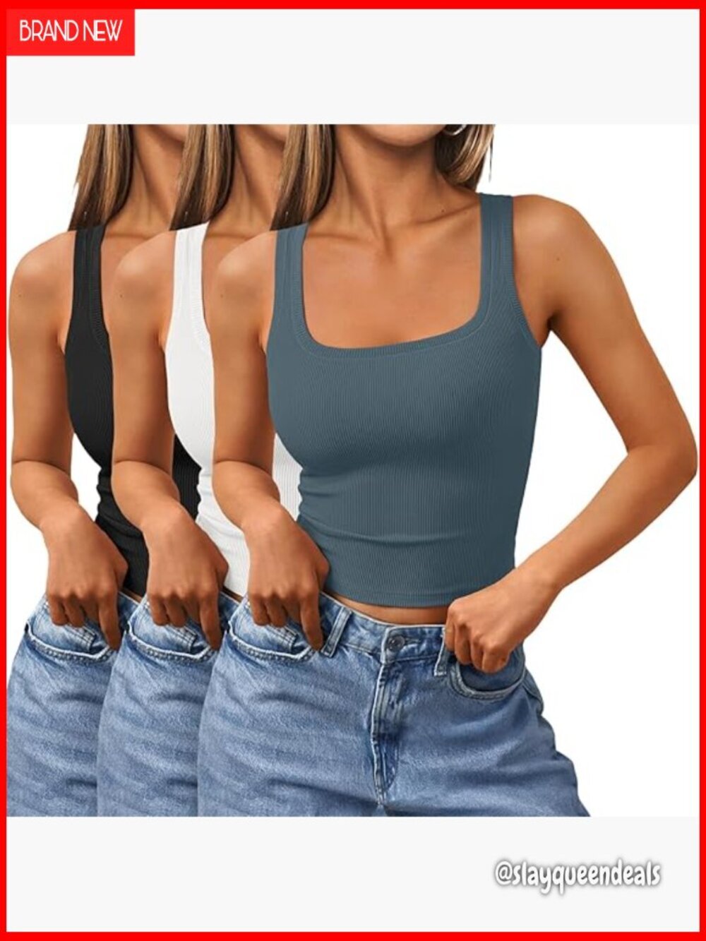 3 Pack Ribbed Square Neck Tank Tops Soft Stretchy Cropped Workout Camisoles